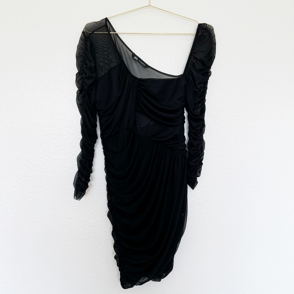 ZARA Draped Ruched Sheer Mini Dress in Black SZ L - Picture 7 of 11